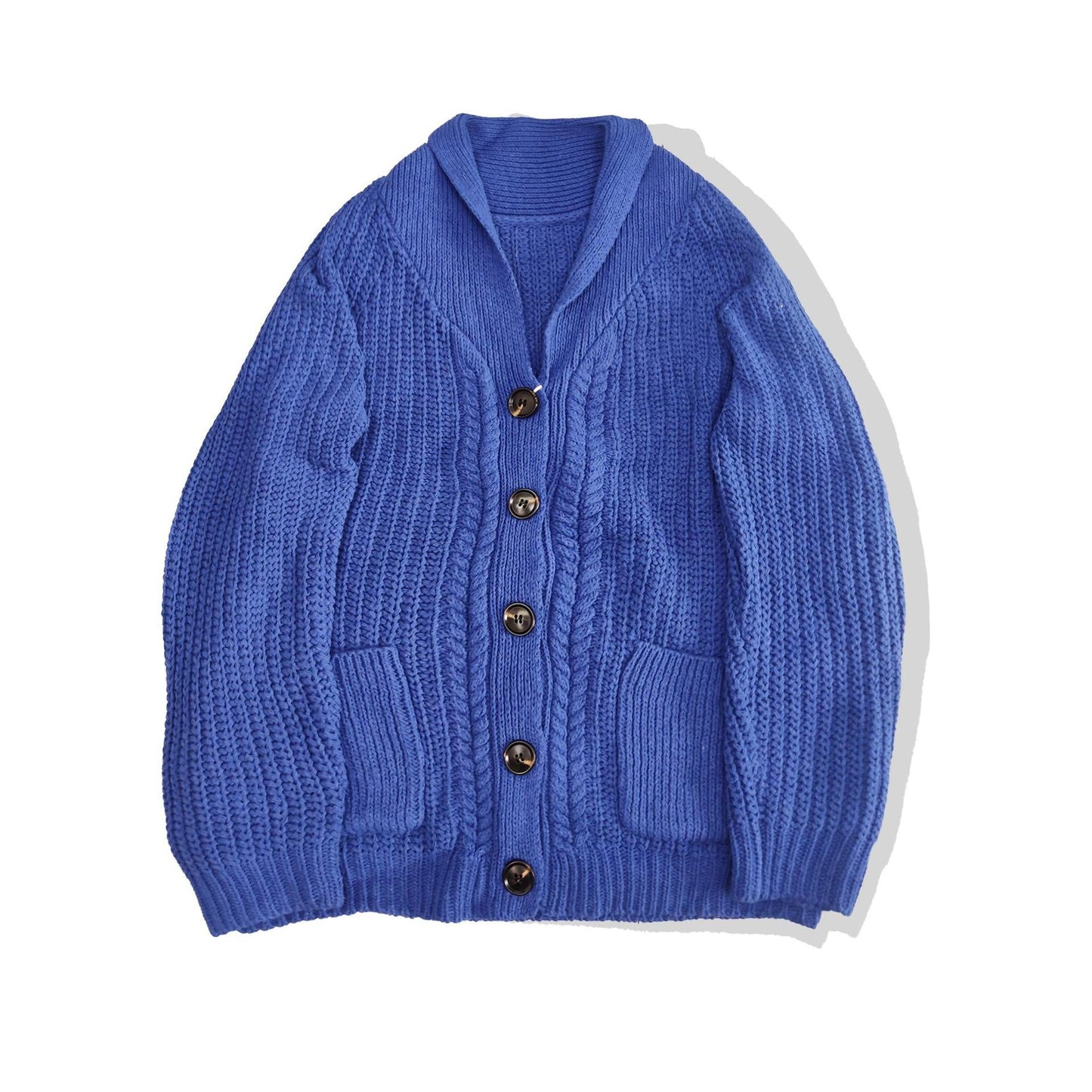 André | Cardigan Homme Bleu en Laine Tricotée avec Col Châle, Coupe Relax et Fermeture Boutonnée