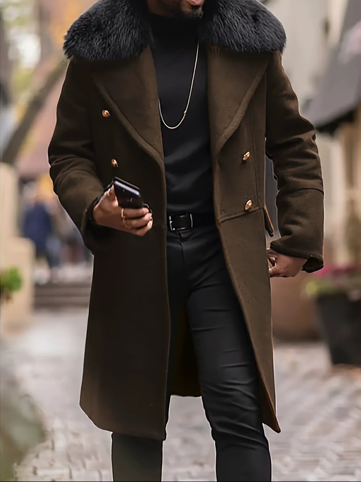 Francis | Manteau Homme Oversized Laine Mélangée Col Fourrure Doublé Double Boutonnage