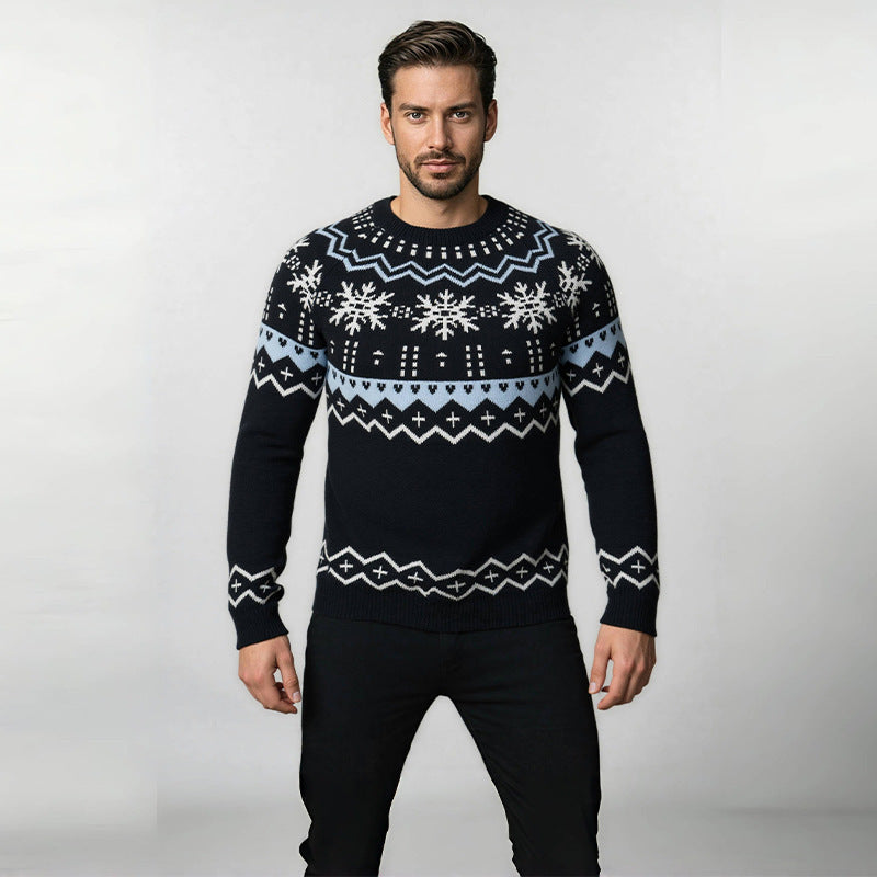 Pull Homme Tricoté à Col Rond avec Motifs Géométriques Hivernaux
