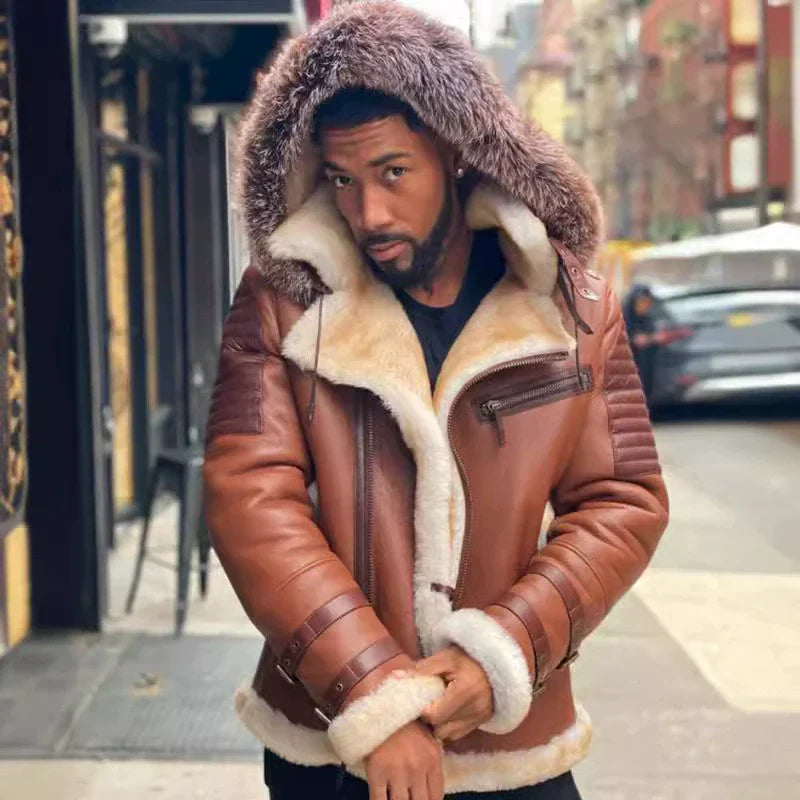 Alvaro | Veste Homme Hiver Relaxed Fit en Similicuir avec Capuche Fourrure et Épaules Matelassées