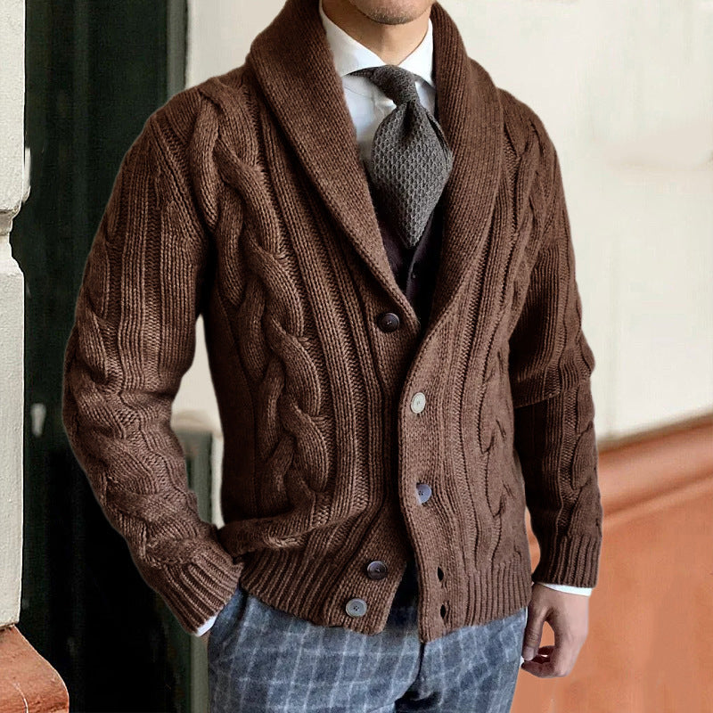 Men’s Chunky Knit Jacket | Gilet Homme en Gros Tricot avec Motif Zopfs et Col Moderne