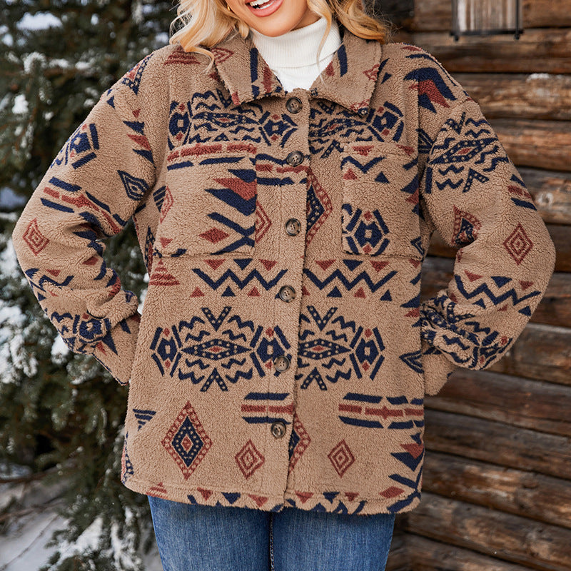 Fernande | Veste Femme Oversize en Teddy Doux, Motif Géométrique, Boutonnée, Col Revers