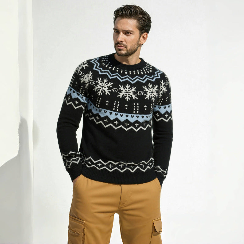 Pull Homme Tricoté à Col Rond avec Motifs Géométriques Hivernaux
