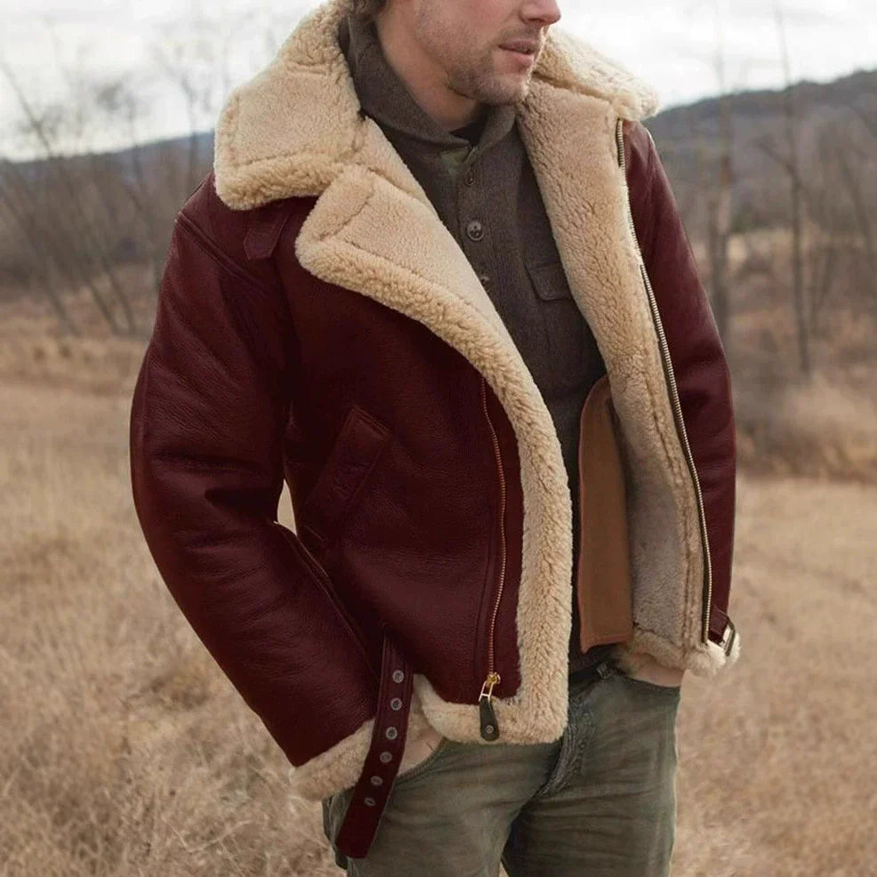 Cédric | Veste Aviator Homme Style Cuir avec Col et Poignets Shearling, Boucles Réglables et Fermeture Éclair