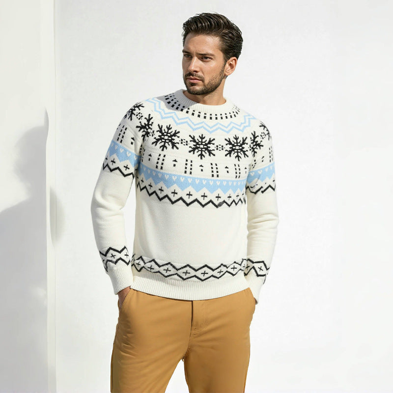 Pull Homme Tricoté à Col Rond avec Motifs Géométriques Hivernaux