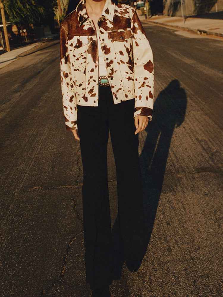 Cerise | Veste Femme Imprimé Vache Col Revers Boutons-Pression Stylée