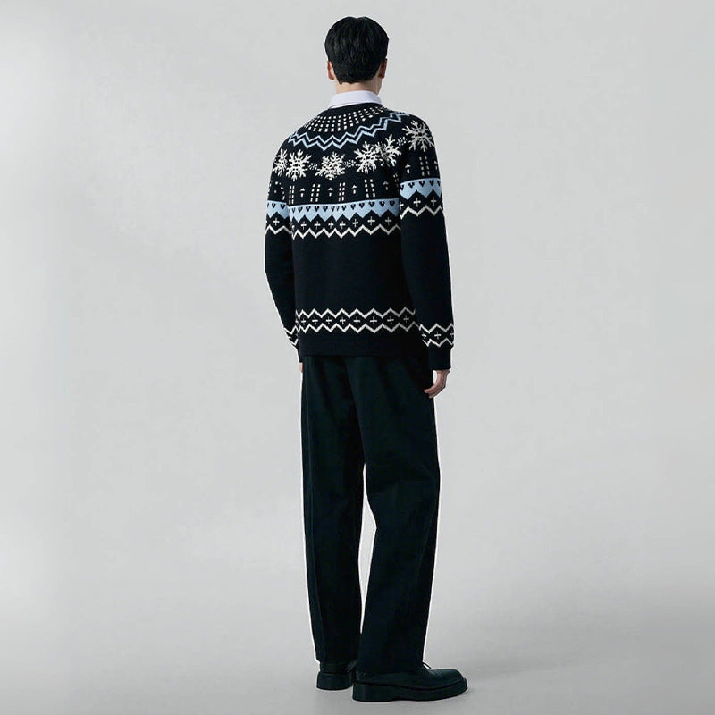 Pull Homme Tricoté à Col Rond avec Motifs Géométriques Hivernaux