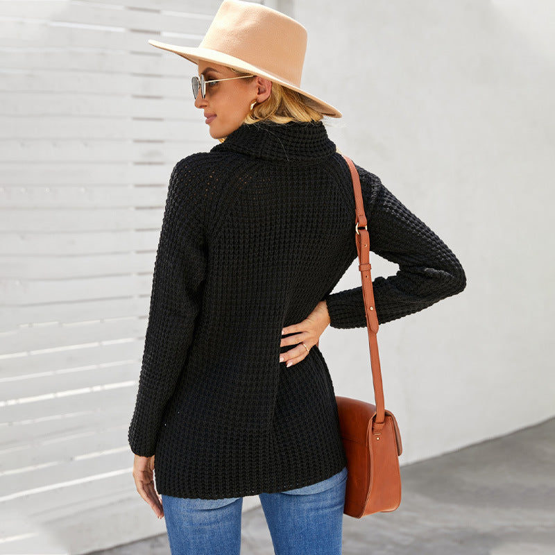 Léa | Sweatshirt Femme Relaxed Fit Maille Épaisse Col Roulé Asymétrique avec Boutons