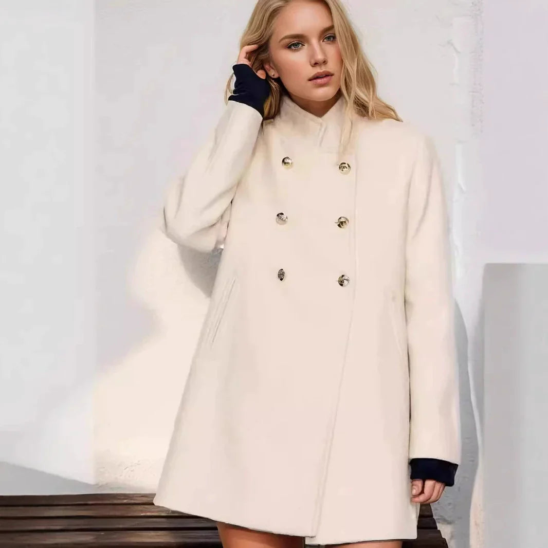 Cyrielle | Manteau Femme Fitté en Laine Mélangée avec Boutons Double Rangée et Col Montant
