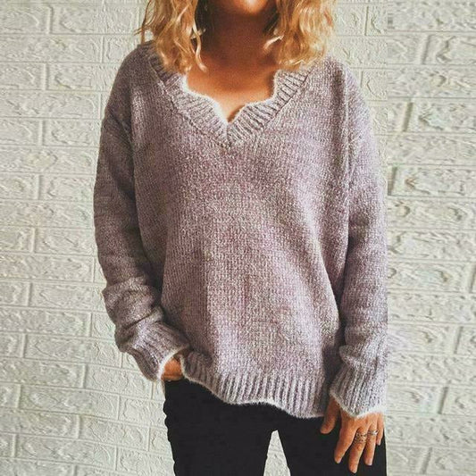 Aimée | Pull Femme Tricoté Décontracté à Col V en Couleur Unie
