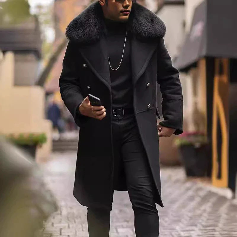 Francis | Manteau Homme Oversized Laine Mélangée Col Fourrure Doublé Double Boutonnage