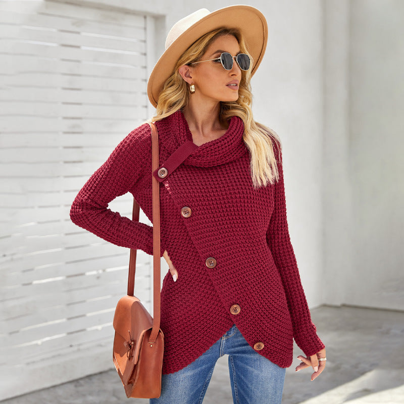 Léa | Sweatshirt Femme Relaxed Fit Maille Épaisse Col Roulé Asymétrique avec Boutons