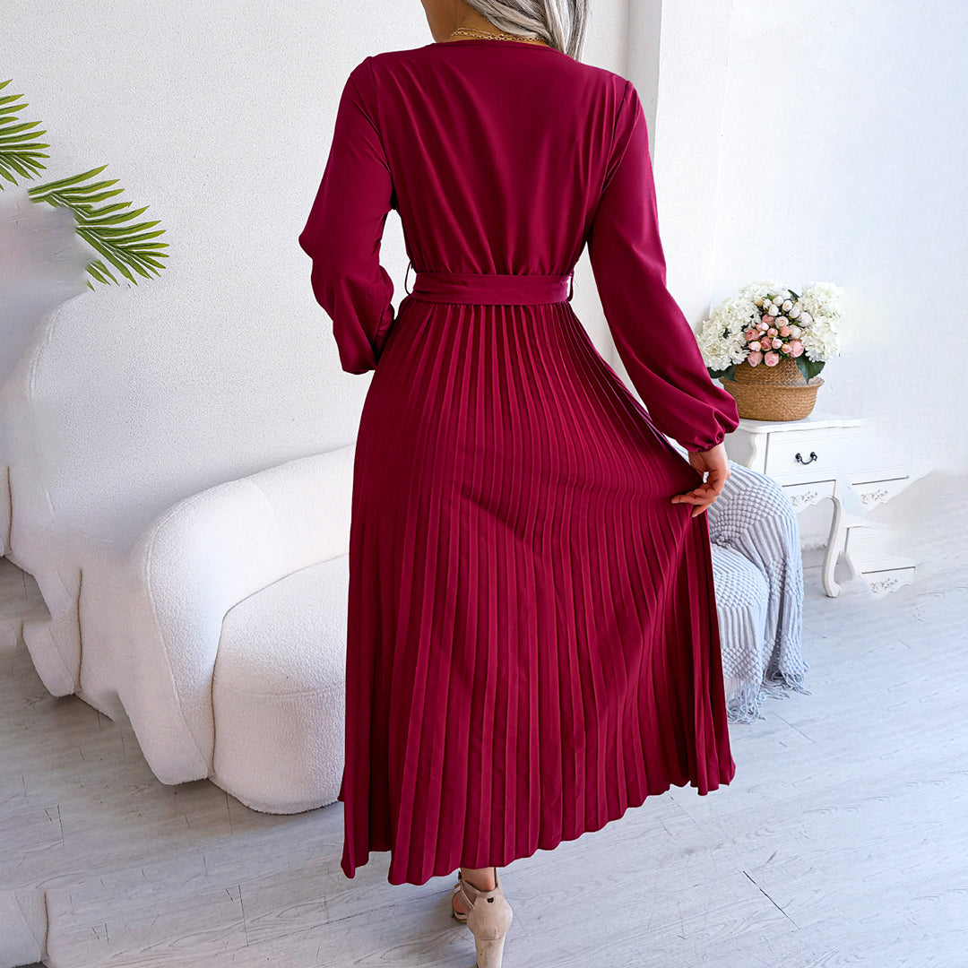 Annette | Robe longue plissée élégante avec ceinture à nouer et manches bouffantes
