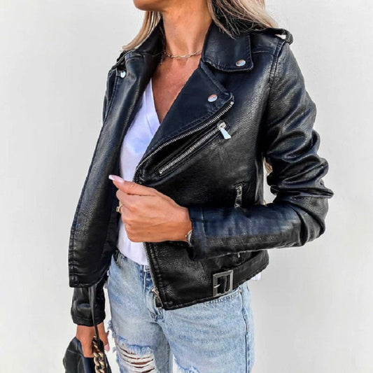 Aliette | Veste Biker Femme à Revers, Coupe Courte avec Fermeture Éclair, Poches et Ceinture