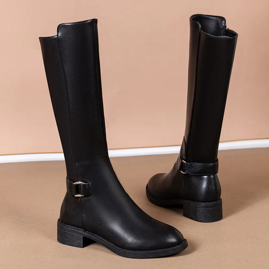 Ophélie | Bottes Hautes Femme Noires avec Boucle Métallique & Fermeture Éclair