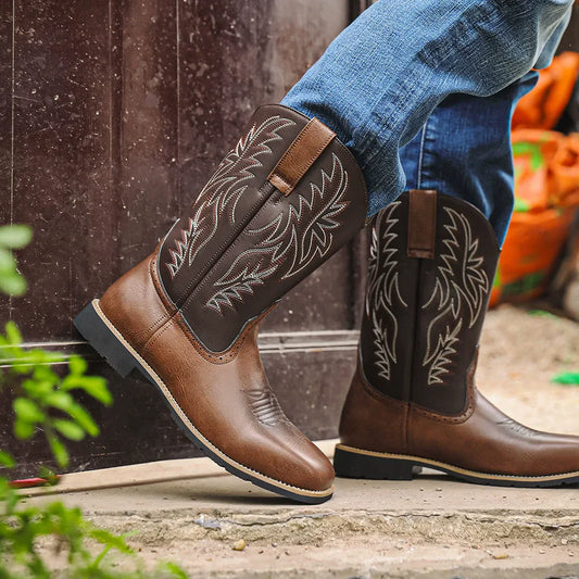 Melrose | Bottes Homme Western Cowboy Mi-Mollet à Bout Carré avec Broderies Classiques