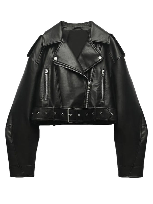 Alarie | Veste Biker Femme Cropped avec Fermeture Asymétrique, Ceinture Taille et Poches Poitrine
