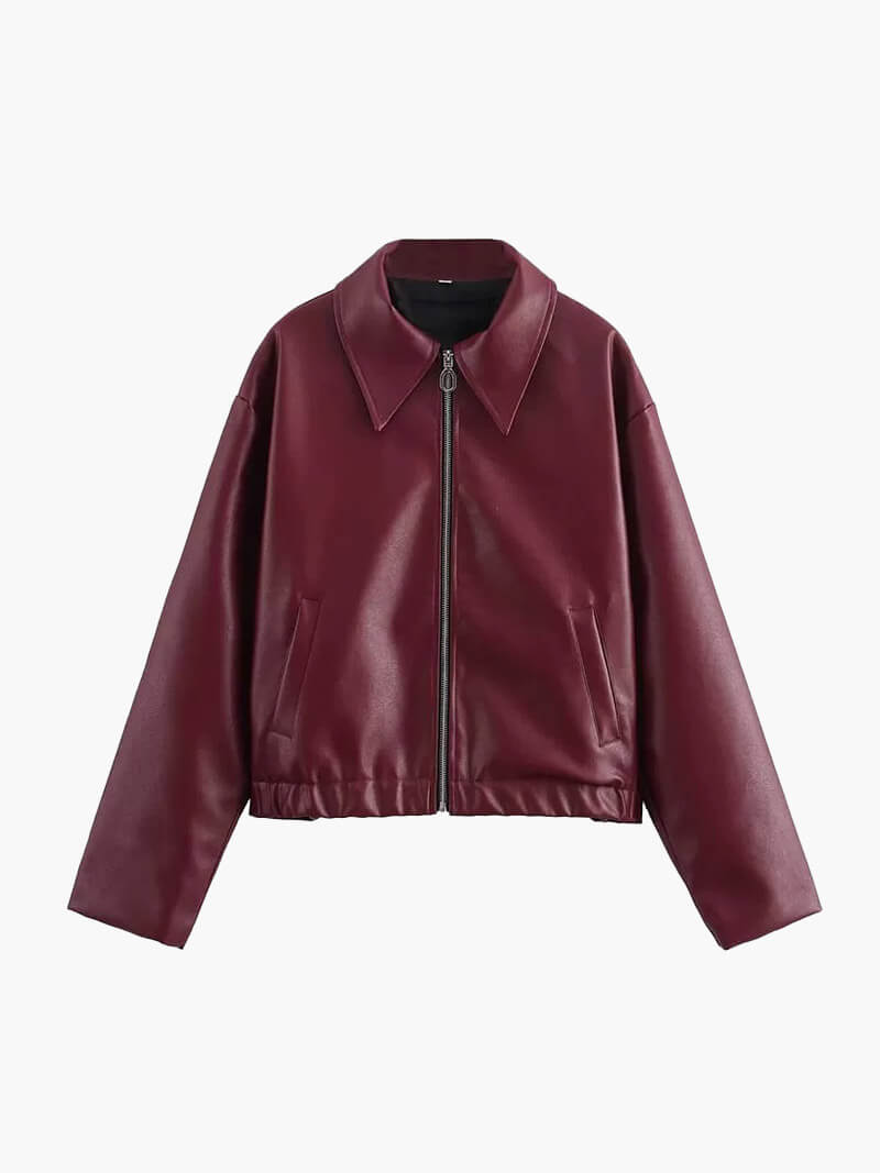 Magdeleine | Veste Femme Simili Cuir Oversize Bordeaux Zippée
