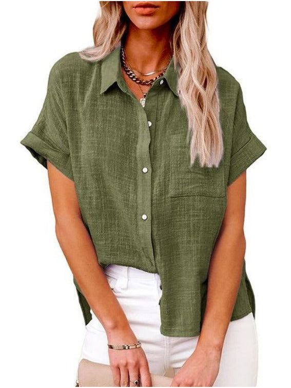 Janice | Chemise Décontractée en Coton et Lin à Manches Courtes avec Poche Poitrine