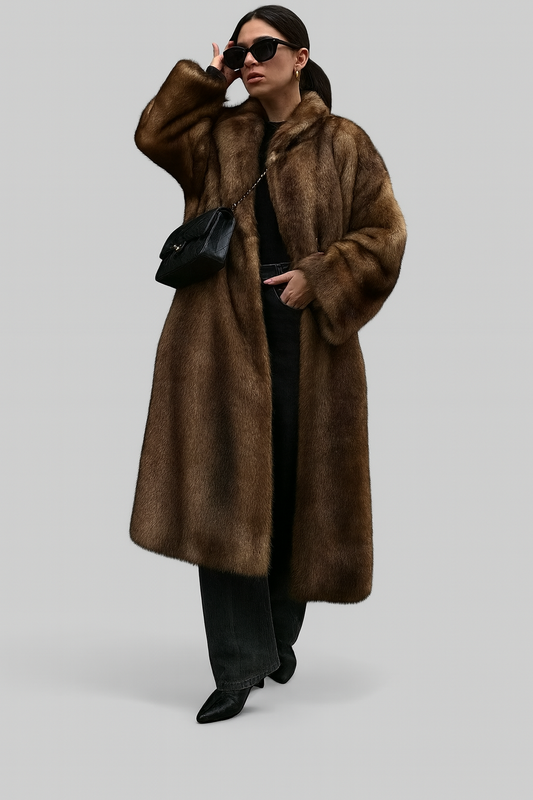 Tatienne | Manteau Long Femme en Fausse Fourrure Marron Foncé | Luxe Hiver Élégant
