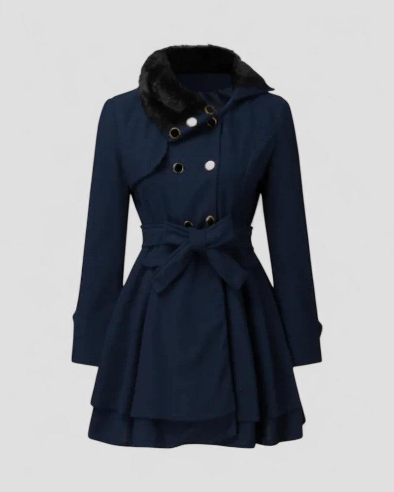 Thaïs-Marie | Manteau Hiver Femme Ceinturé à Double Boutonnage avec Col en Fourrure | Élégance Chic