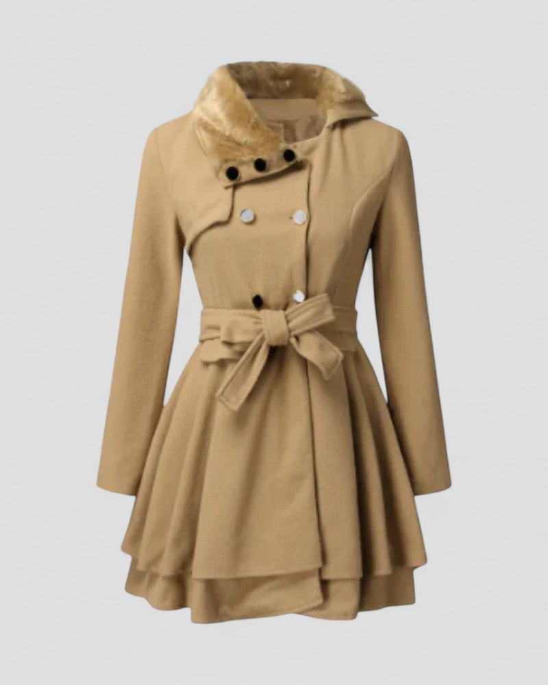 Thaïs-Marie | Manteau Hiver Femme Ceinturé à Double Boutonnage avec Col en Fourrure | Élégance Chic