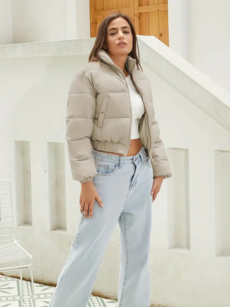 Noëlla | Veste Bomber Doudoune Femme Courte Beige avec Fermeture Éclair et Ourlet Élastique