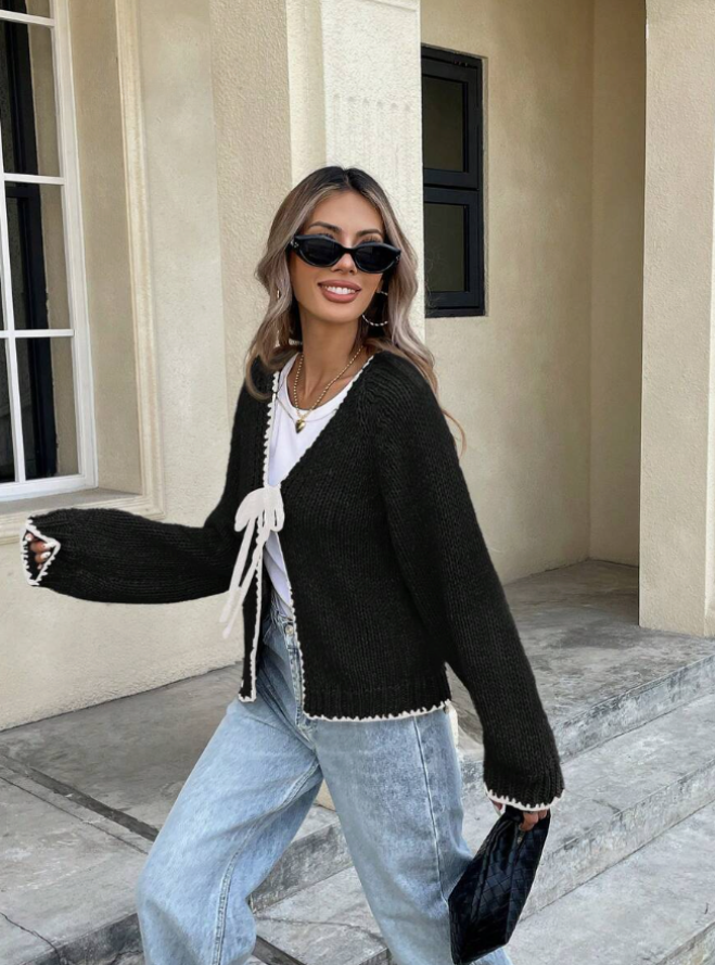 Ravianne | Cardigan Femme Noué Devant | Pull Court Tricot avec Bordure Contrastée