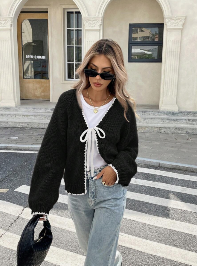 Ravianne | Cardigan Femme Noué Devant | Pull Court Tricot avec Bordure Contrastée