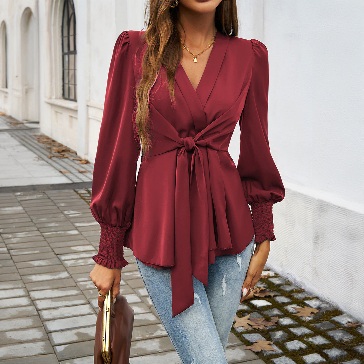 Top Femme Élégant à Col V avec Ceinture Nouée et Manches Bouffantes