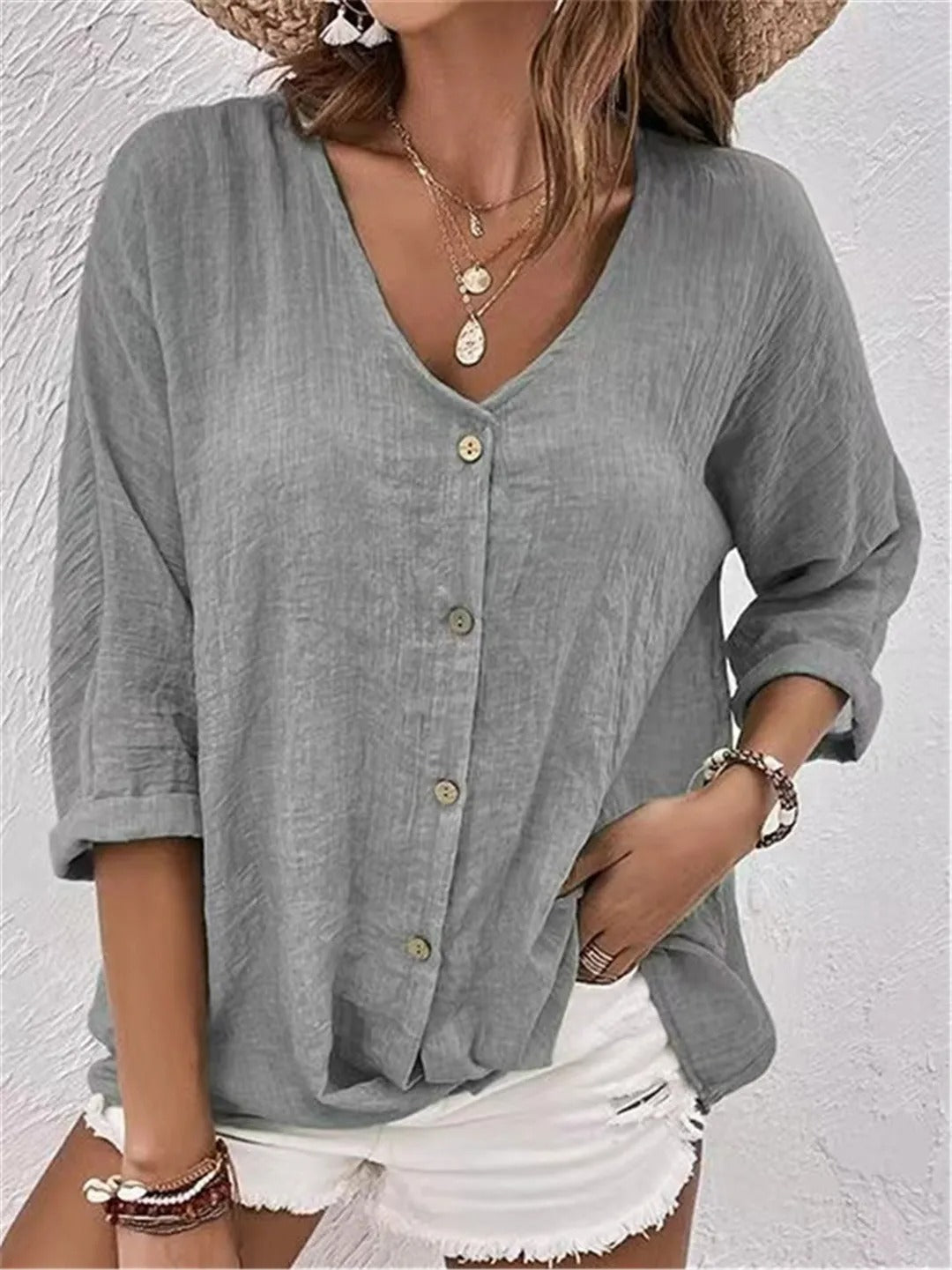Blouse Élégante à Col V – Style Classique & Confort Quotidien