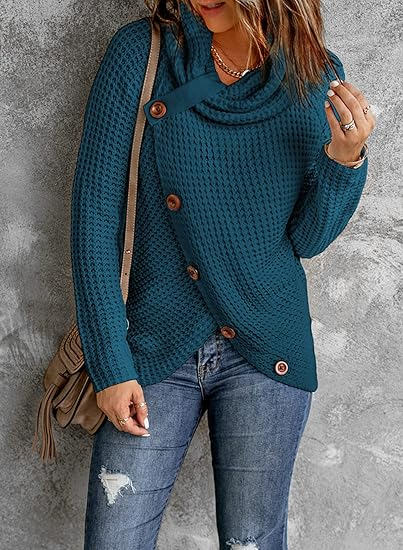 Léa | Sweatshirt Femme Relaxed Fit Maille Épaisse Col Roulé Asymétrique avec Boutons