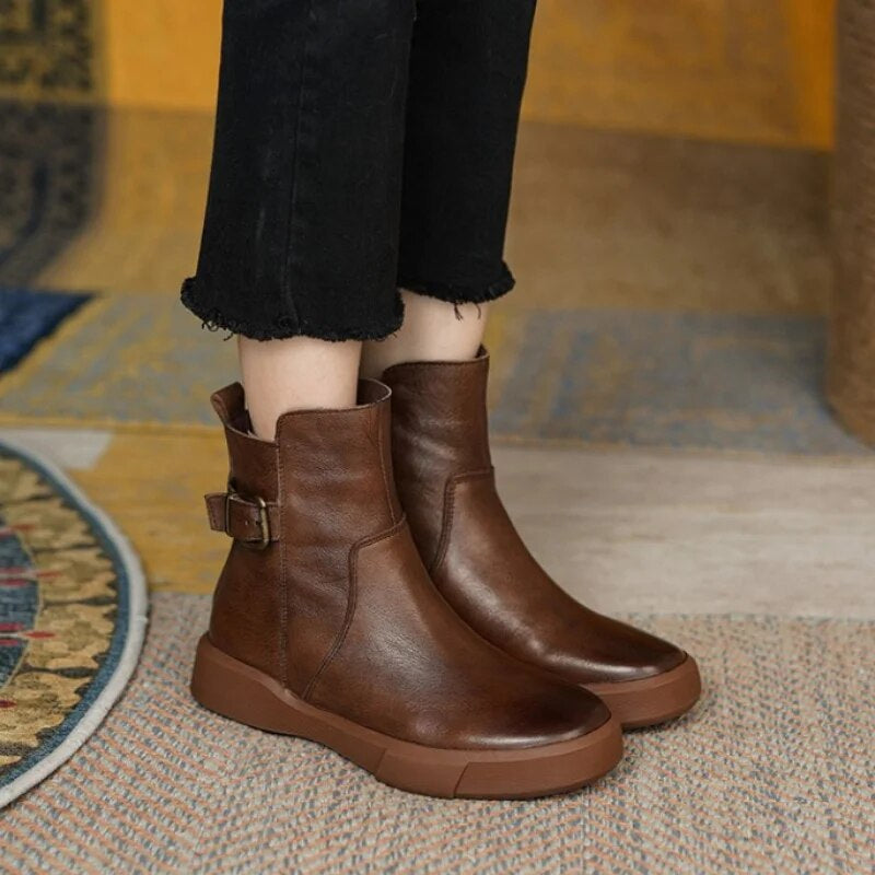 Nathalie | Bottines Femme Cheville avec Boucle Latérale et Semelle Plate Confort