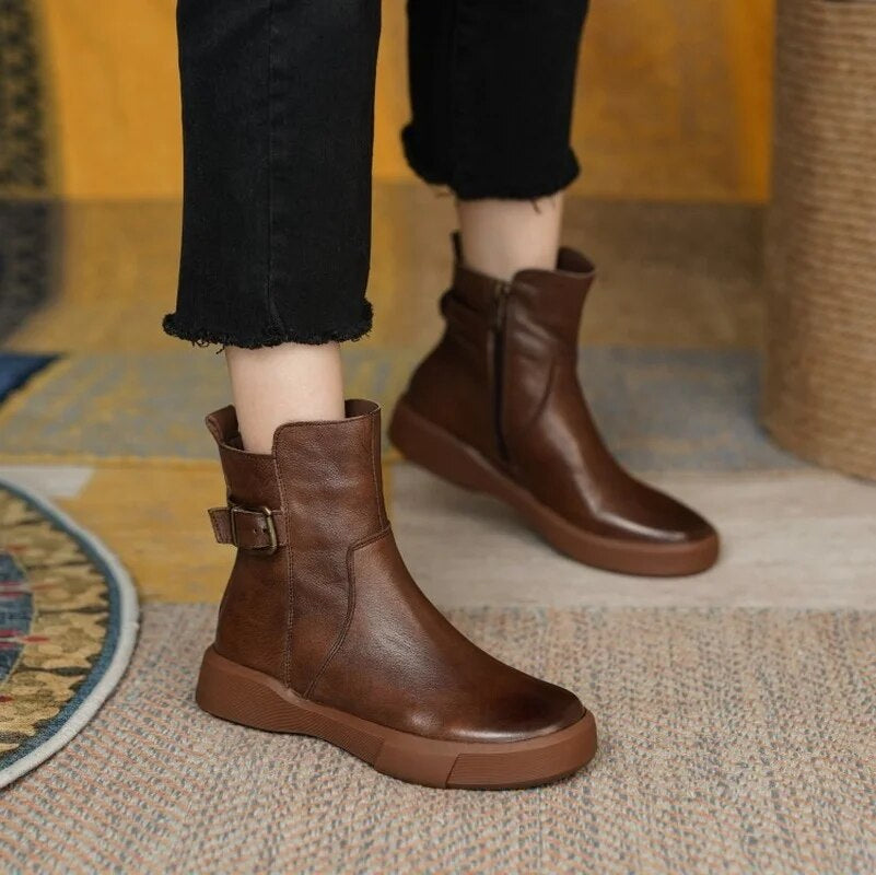 Nathalie | Bottines Femme Cheville avec Boucle Latérale et Semelle Plate Confort