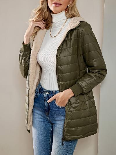 Léna | Manteau Long Femme Matelassé avec Doublure Polaire, Coupe Décontractée & Finitions Côtelées à Zip