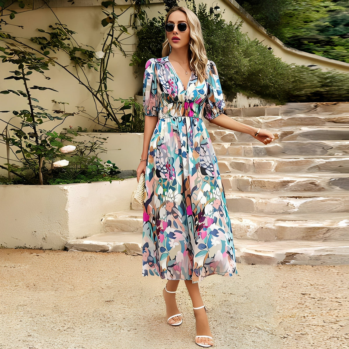 Robe d’Été Femme à Col V – Élégance Légère pour les Journées Chaudes