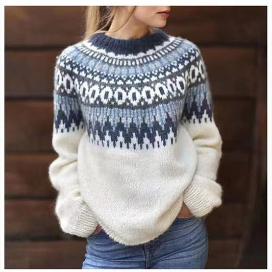 Pull Femme Col Rond | Tricot Chaud à Motif Hivernal