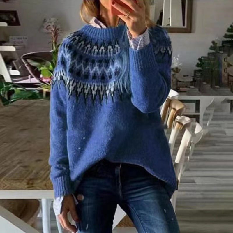 Pull Femme Col Rond | Tricot Chaud à Motif Hivernal