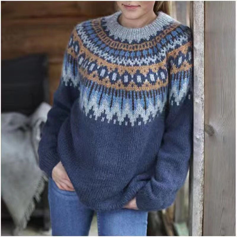 Pull Femme Col Rond | Tricot Chaud à Motif Hivernal