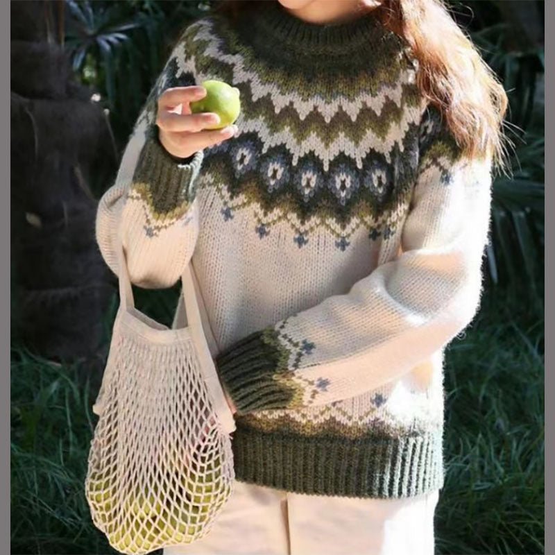 Pull Femme Col Rond | Tricot Chaud à Motif Hivernal
