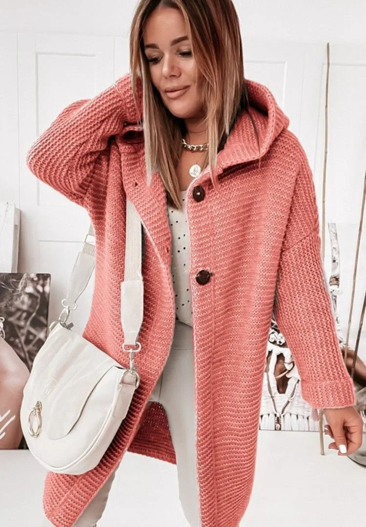Cardigan Femme à Capuche | Tricot Long avec Boutons Chaud et Stylé