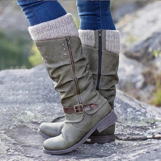 Blandine | Bottes Hautes Hiver Femme à Talon Bloc avec Fermeture Éclair Côté