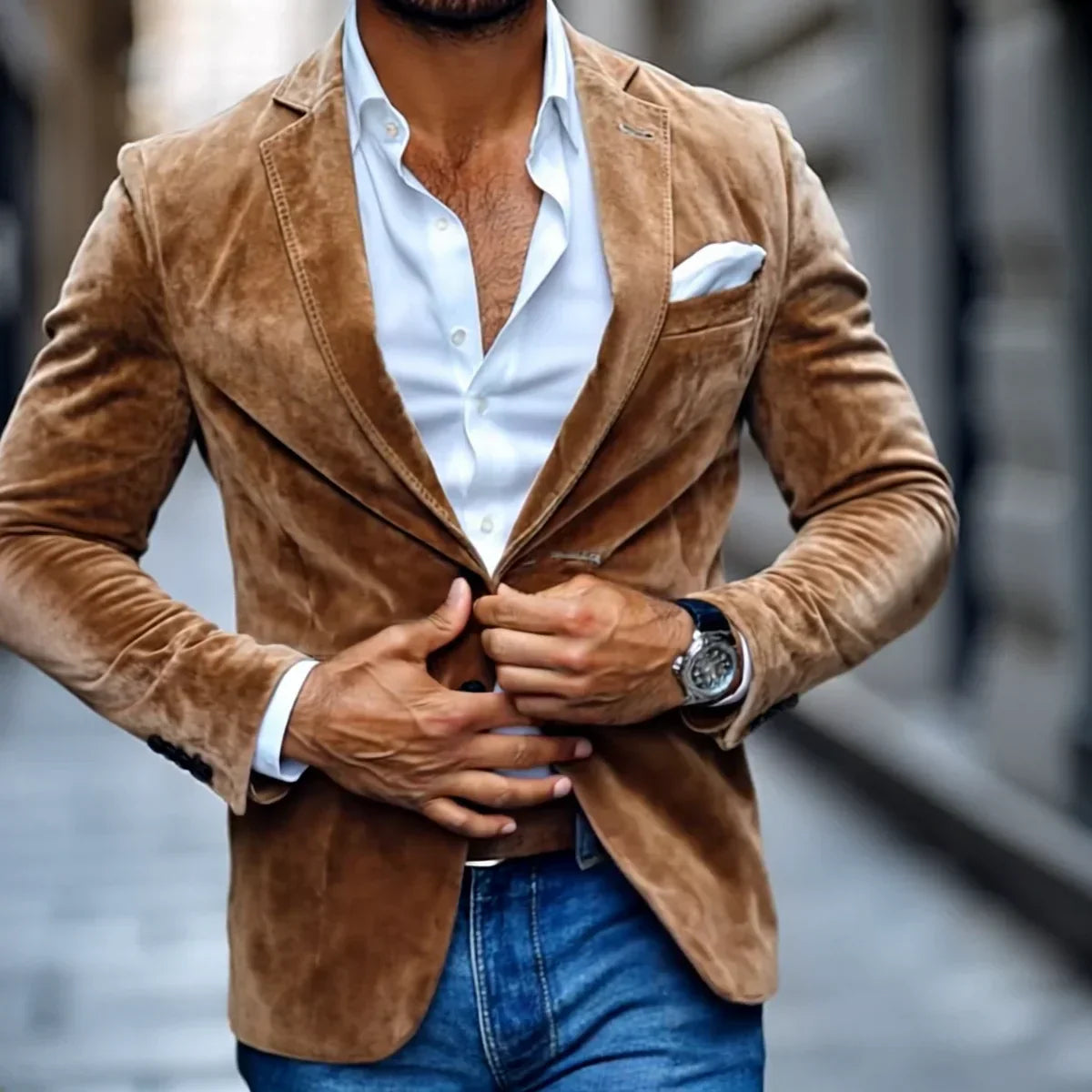 Sander | Blazer Homme Élégant Suède Marron à Boutons