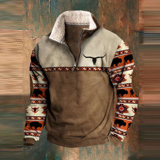 Tristan | Pull Homme Zippé Partiel à Motifs Tribaux avec Poches Kangourou | Style Moderne et Confortable