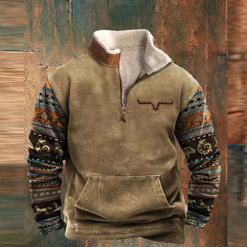 Tristan | Pull Homme Zippé Partiel à Motifs Tribaux avec Poches Kangourou | Style Moderne et Confortable