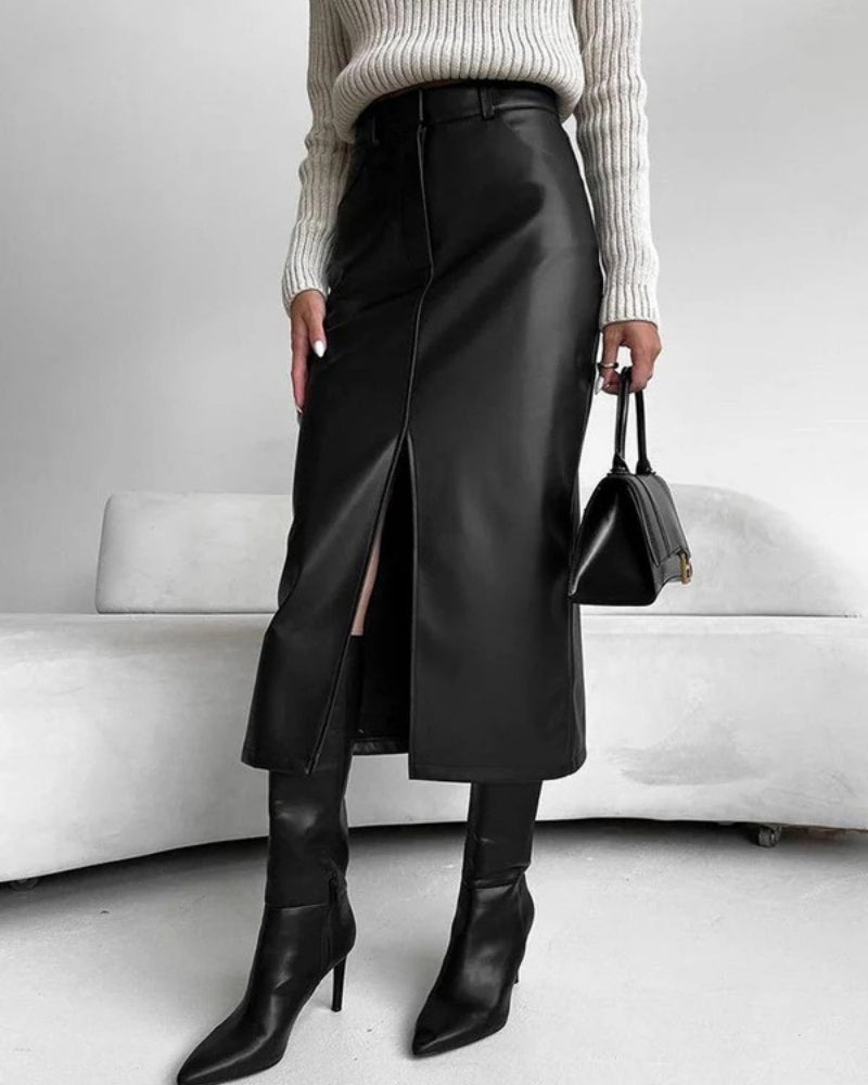 Jupe Midi Taille Haute avec Fente Frontale – Silhouette Élégante et Structurée