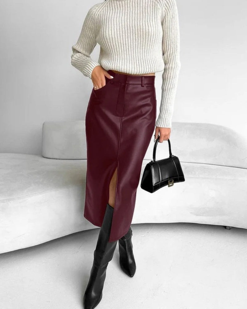 Jupe Midi Taille Haute avec Fente Frontale – Silhouette Élégante et Structurée