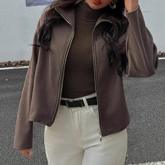 Filia | Veste Femme Marron Courte, Coupe Décontractée, Col Montant, Fermeture Éclair