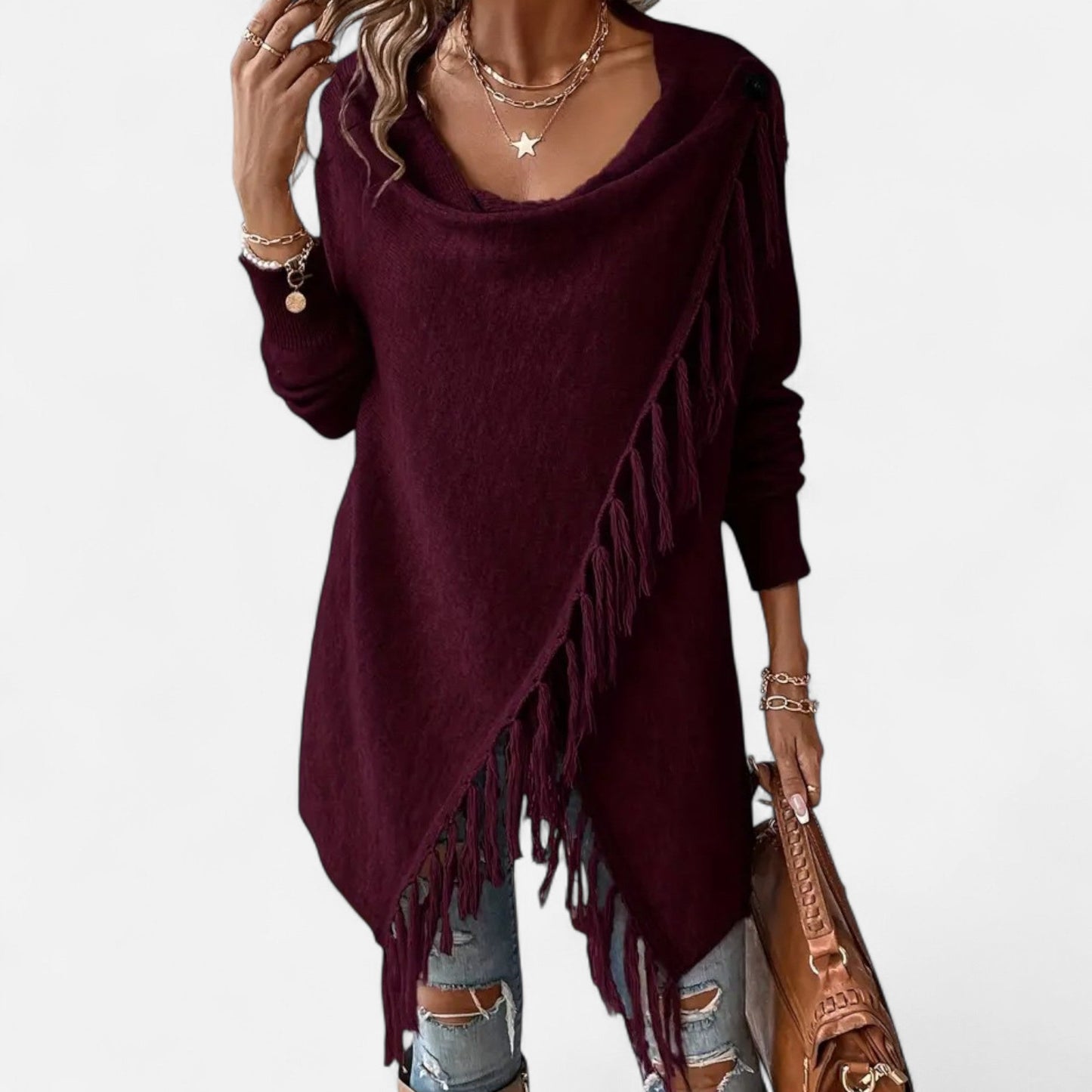 Janisse | Pull Femme à Col Drapé avec Franges et Pampilles Couleur Unie