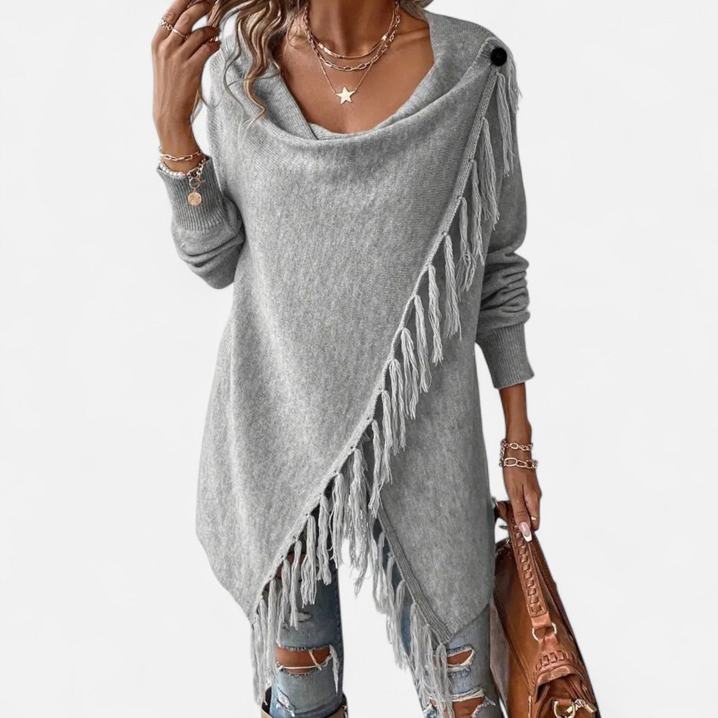 Janisse | Pull Femme à Col Drapé avec Franges et Pampilles Couleur Unie